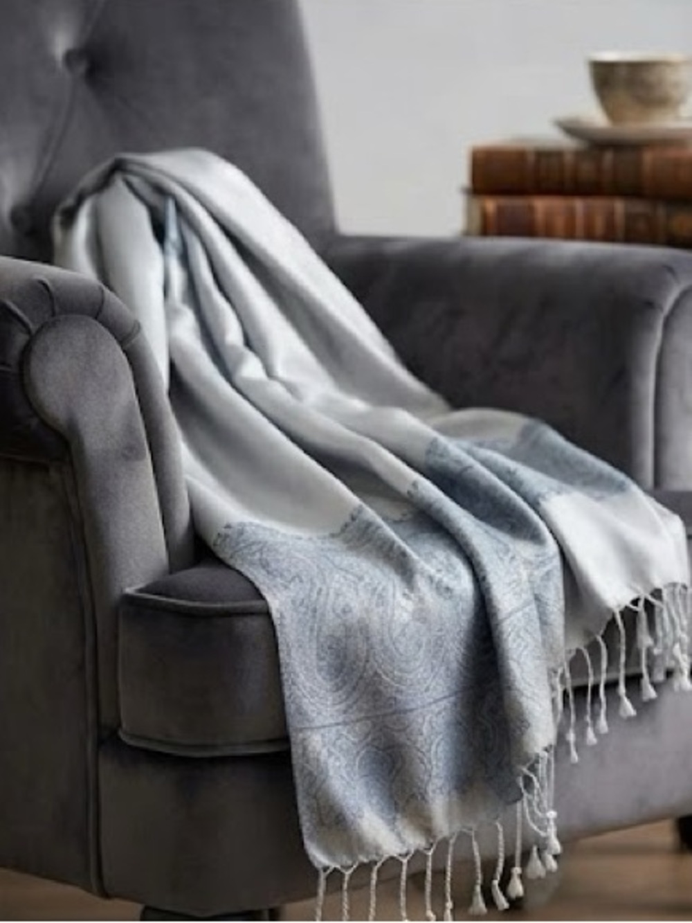 Women's Silk Pashmina Shawl in Silver and Blue Paisley